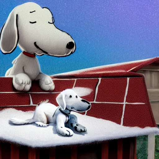 Prompt: realistic photo of snoopy, sleeping on the roof of a doghouse. white fur dog. dalmatian. artstation, concept art, 4 k.