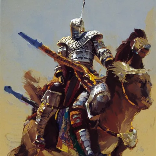 Prompt: mel gibson as rider with couched jousting lance, colorful caparisons, chainmail, detailed by greg manchess, craig mullins, bernie fuchs, walter everett