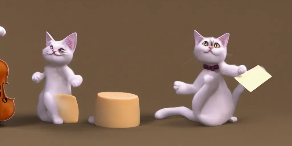 Image similar to a cat dancing on its hind legs, on top of a round ball of Swiss cheese, while playing the fiddle with its paws, in the style of claymation