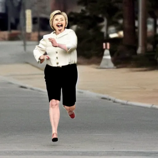 Prompt: large hillary clinton chasing after envelopes running away in fear, cctv footage