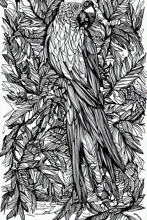 Image similar to parrot, fractal, ink drawing, line art colouring page