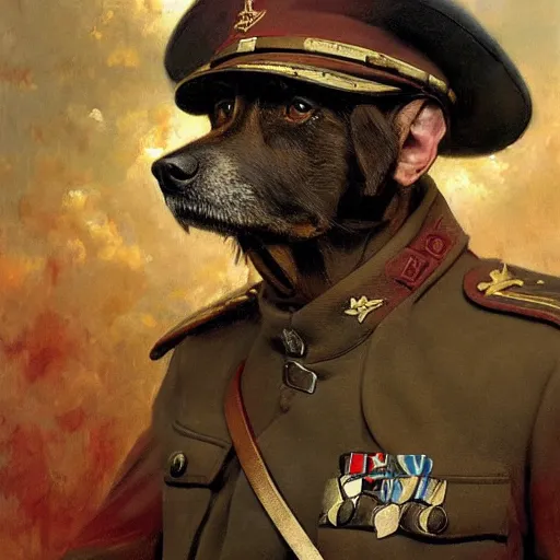 Image similar to old dog with big mustache dressed as a veteran colonel of the first world war german army, highly detailed painting by gaston bussiere, craig mullins, j. c. leyendecker