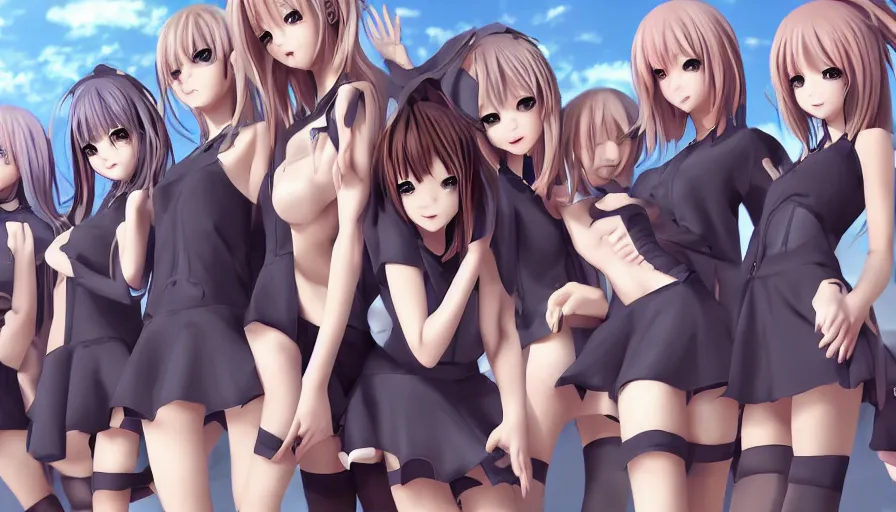 Image similar to group of cute anime characters in very short miniskirts, lightly dressed, ultra detailed digital art, hyper real, detailed, group photo, ultra detailed, ground up angle