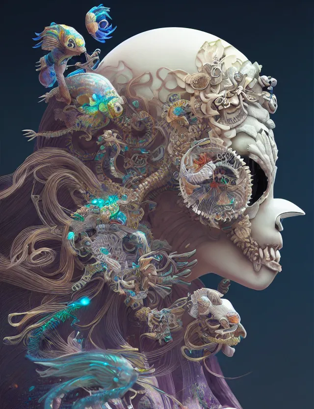 Prompt: 3 d goddess close - up profile solarpunk portrait ram skull. beautiful intricately detailed japanese crow kitsune mask and clasical japanese kimono. betta fish, jellyfish phoenix, bio luminescent, plasma, ice, water, wind, creature, artwork by tooth wu and wlop and beeple and greg rutkowski