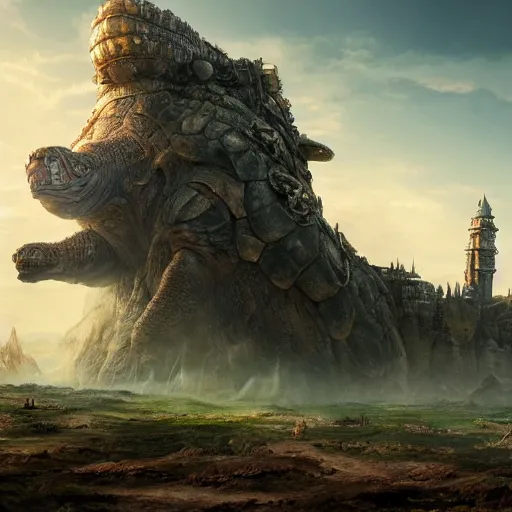 Prompt: large fantasy castle sitting on the top of a giant tortoise, stomping through a harsh wasteland with sharp rays of sunlight, howls moving castle, mortal engines, kaiju, distant - mid - shot, fantasy, hyper detailed, 4 k n - 9