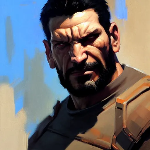 Image similar to Greg Manchess portrait painting of punisher as Overwatch character, medium shot, asymmetrical, profile picture, Organic Painting, sunny day, Matte Painting, bold shapes, hard edges, street art, trending on artstation, by Huang Guangjian and Gil Elvgren and Sachin Teng