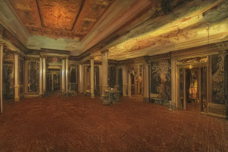 Image similar to full - color digital photo of the interior of a spooky elegant mansion at night. the interior architecture and layout are narrow, labyrinthine, illogical, surreal, bizarre, and complicated. there is a faintly - visible victorian ghost lurking. highly - detailed high - resolution photography.