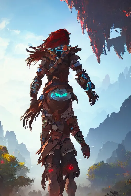 Image similar to combination suit armor aloy horizon forbidden west horizon zero dawn radiating a glowing aura global illumination ray tracing hdr fanart arstation by ian pesty and alena aenami artworks in 4 k tribal robot ninja mask helmet backpack