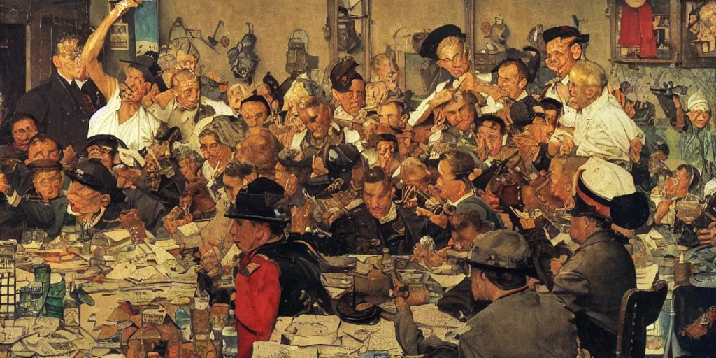 Prompt: international relations and geopolitics, by norman rockwell, dutch golden age, mix of styles, detailed, intricate, treasure planet color scheme, pointillism