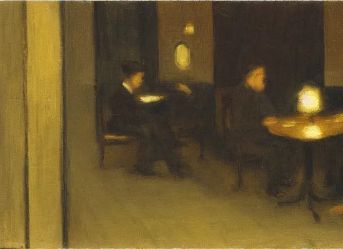 Image similar to the melancholy of sitting alone at a cafe at night in the style of Australian tonalism