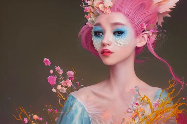 Prompt: Portrait of a beautiful cosplay kitsune with pastel massive hairs blending flowers and luminous pearls by artist Nina Masic and artist Noah Bradley, trending on artstation, vivid color, portrait,Paradoxal background by Gerald Brom and Alessio Albi and beeple, sense of awe, trending on artstation, crystal color, 4k