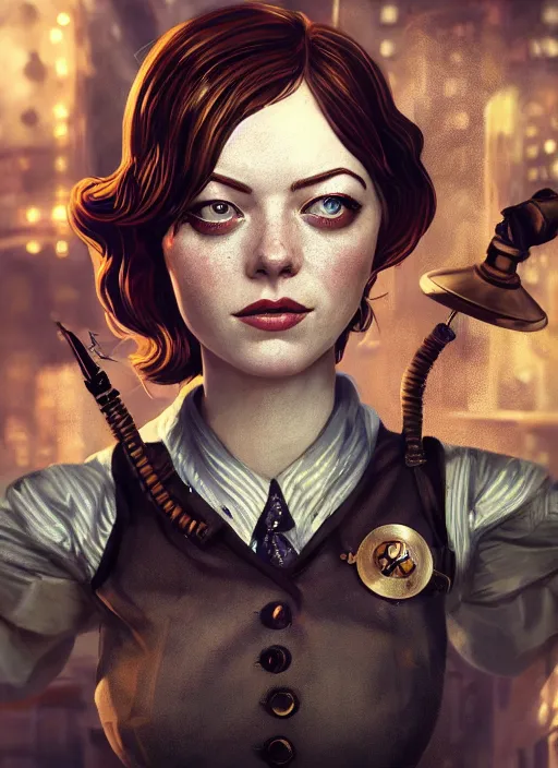 Image similar to Bioshock steampunk portrait of Emma Stone, au naturel, hyper detailed, digital art, trending in artstation, cinematic lighting, studio quality, smooth render, unreal engine 5 rendered, octane rendered, art style by klimt and nixeu and ian sprigger and wlop and krenz cushart