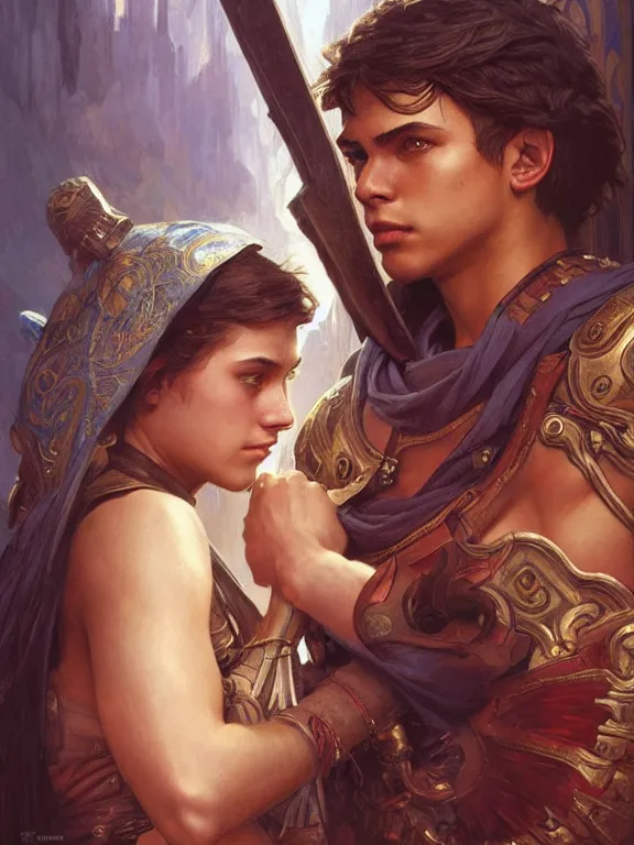 Prompt: picture of a teenage male warrior and a female priestess, highly detailed, detailed face, smooth, sharp focus, chiaroscuro, digital painting, artgerm, greg rutkowski, alphonse mucha, young adult novel cover art