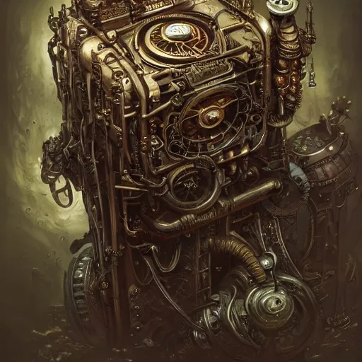 Image similar to low angle shot of a steampunk pc by clive barker, intricate, elegant, highly detailed, centered, digital painting, artstation, concept art, smooth, sharp focus, illustration, artgerm, Tomasz Alen Kopera, Peter Mohrbacher donato giancola, Joseph Christian Leyendecker, WLOP, Boris Vallejo.