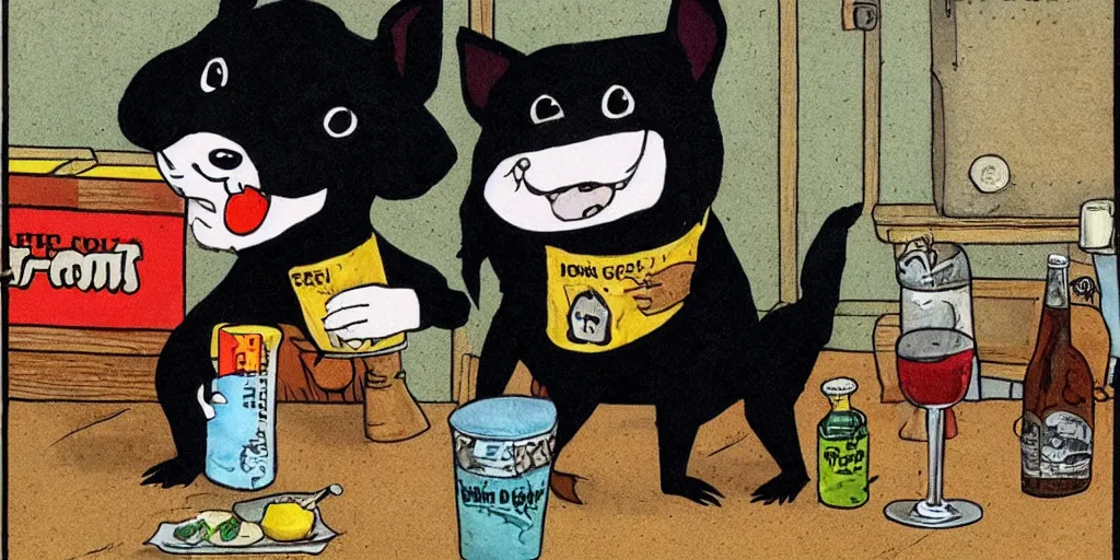 Image similar to a small black dog drinking beer by richard scarry