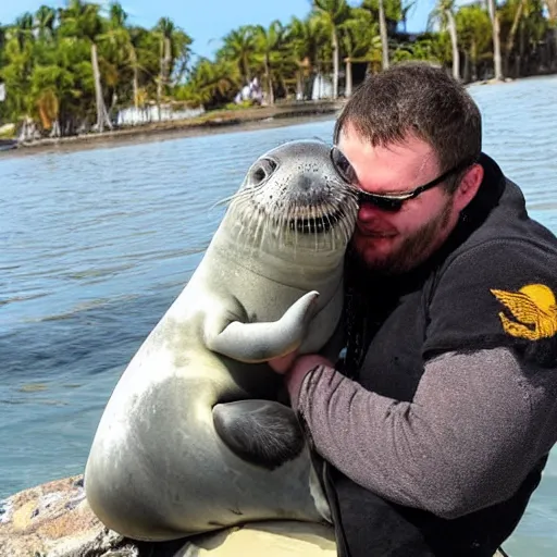 Prompt: incredibly fantastically stupendously fluffy tiny winged pygmy baby manatee seal hybrid being cradled by a nice pirate captain on an island, realistic, fantasy, pet, adorable, national geographic