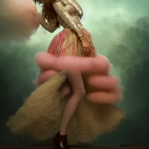 Image similar to brown woman wearing a candyfloss armor. super detailed. layered. textured. award winning. refracted lighting. soft. fragile. by ray caesar. by louise dahl - wolfe. by tom bagshaw. surreal photoraphy