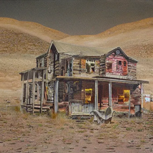 Prompt: western ghost town with creepy ghosts, art by alan bean