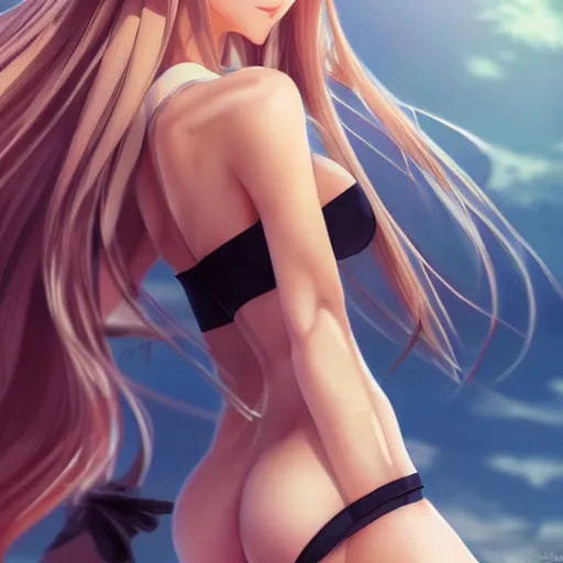 Image similar to a very beautiful mature yuuki asuna, full body, long wavy blond hair, sky blue eyes, full round face, bikini, miniskirt, front view, mid - shot, cute pose, highly detailed, cinematic wallpaper by stanley artgerm lau