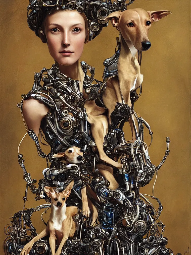 Image similar to portrait of a beautiful female android robot holding a whippet dog in her arms. Biopunk, steampunk, mecha, sighthounds, painting by James C. Christensen