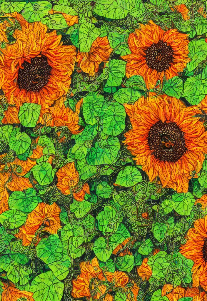 Prompt: award winning hyperrealistic artwork about entangled sunflowers and falling nasturtiums with vines, high definition, fine details, closeup, macro