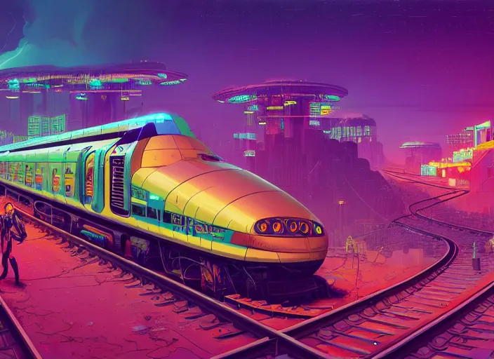 Image similar to a luminescent cyberpunk train by paolo eleuteri serpieri and tomer hanuka and chesley bonestell and daniel merriam and tomokazu matsuyama, unreal engine, high resolution render, featured on artstation, octane, 8 k, highly intricate details, vivid colors, vector illustration