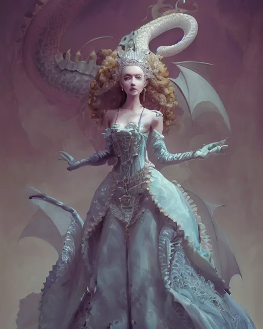 Image similar to portrait of a baroque princess dress from the fantasy world for the dragon queen atey gaylan, wonderful eyes, greg rutkowski, greg tocchini, james gillard, joe fenton, kete butcher, dynamic lighting, gradient light blue, brown, light cream and white colors, grunge aesthetics, detailed and complex environment