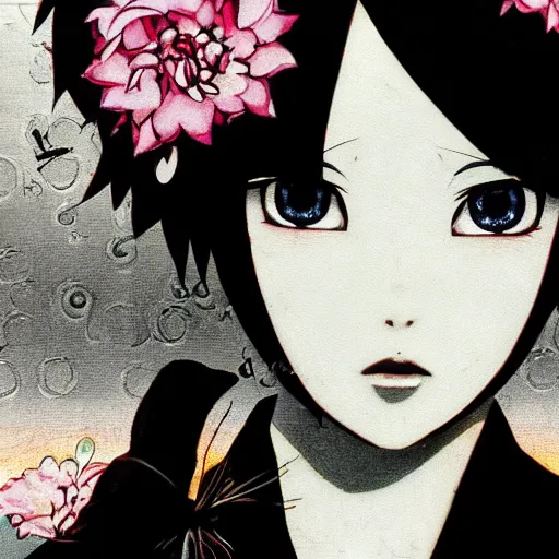 Image similar to realistic illustration of an anime girl with short white hair and black eyes wearing tuxedo in the style of yoshitaka amano, floral black and white patterns on the background, noisy film grain effect, highly detailed, Renaissance oil painting