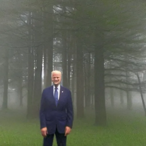 Image similar to low quality iphone photo taken in front of a house window of joe biden with standing ominously in the foggy woods with a demonic smile in his face, creepy