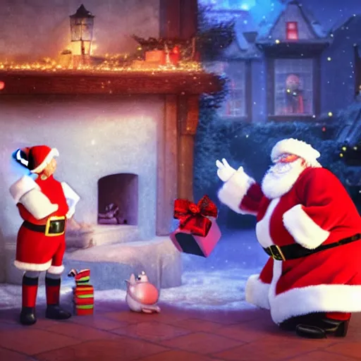 Image similar to a wholesome animation key shot of santa claus giving presents, medium shot, studio ghibli, pixar and disney animation, sharp, very detailed, high resolution, rendered in unreal engine 5, anime key art by greg rutkowski, bloom, dramatic lighting