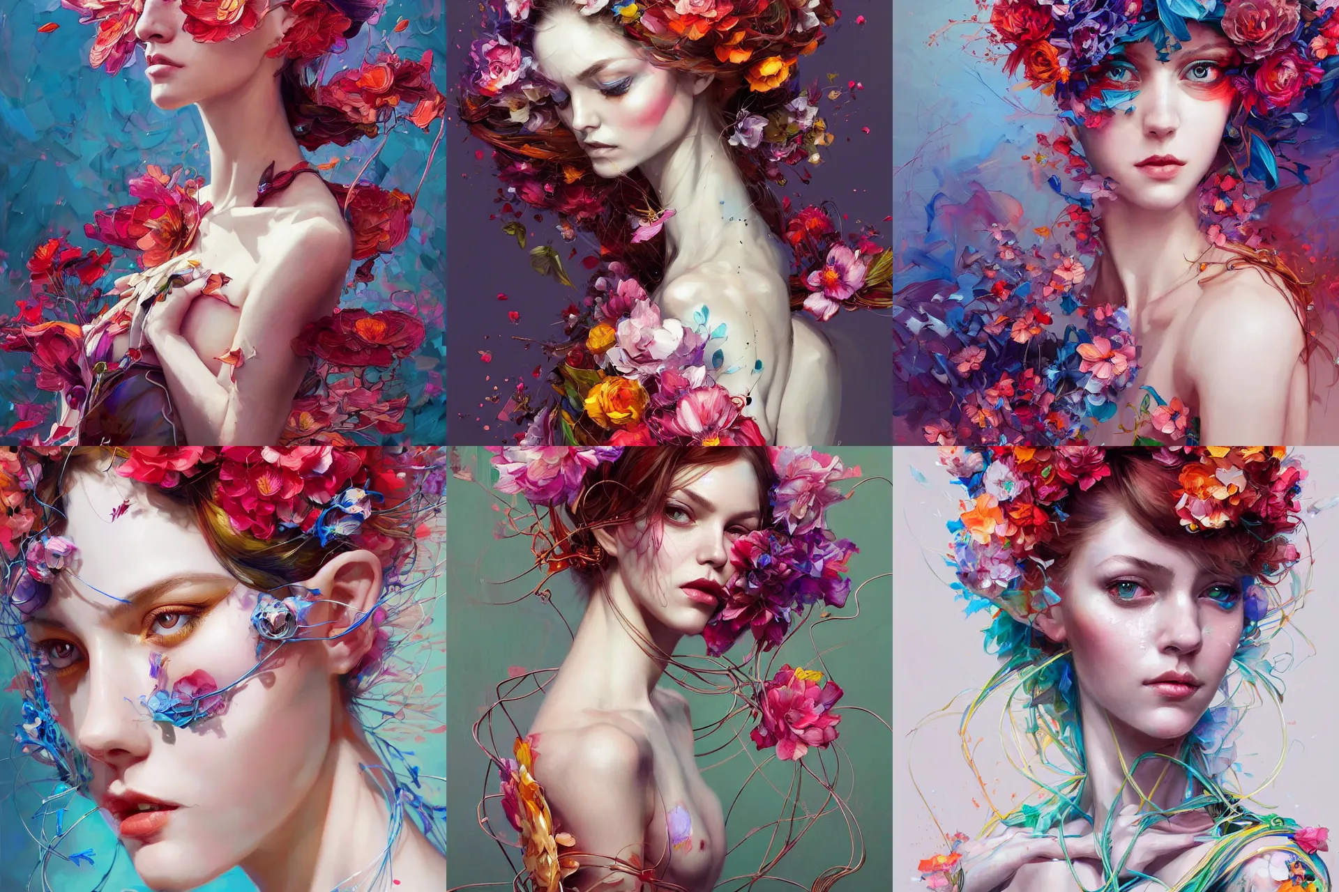 Prompt: generative art beautiful young woman, playful, thin wires, flowers, ( ( ( fractals ) ) ), elegant clothing, vibrant martine johanna, michael garmash, janusz jurek! artgerm, peter mohrbacher digital painting, extremely detailed, 4 k, intricate, brush strokes