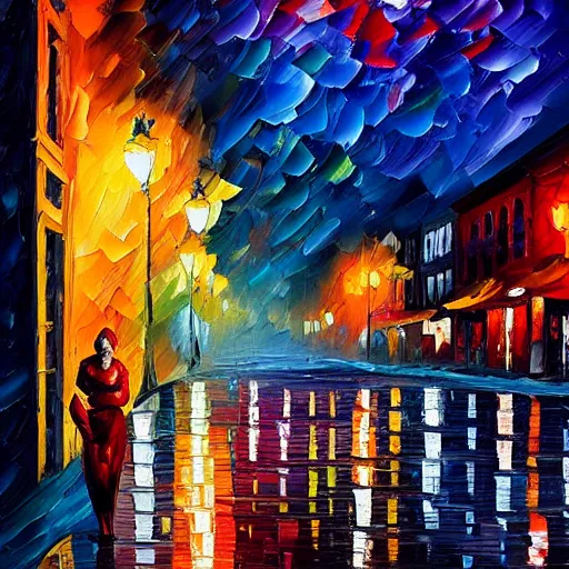 Image similar to impasto acrylic painting of a woman in a serene san francisco streetscape at night. inspired by leonid afremov, artstation, art - deco, cinematic lighting