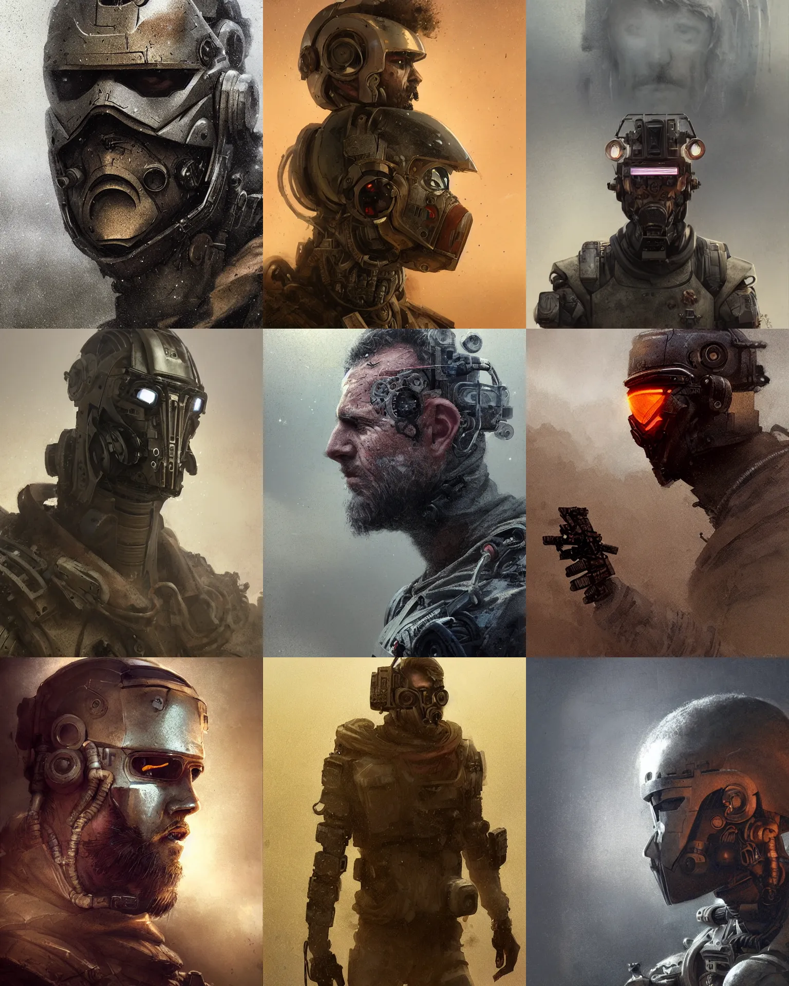 Prompt: a half - masked rugged mercenary man with cybernetic enhancements lost in a sandstorm, scifi character portrait by greg rutkowski, esuthio, craig mullins, 1 / 4 headshot, cinematic lighting, dystopian scifi gear, gloomy, profile picture, mechanical, half robot, implants, steampunk