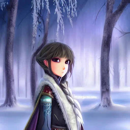 Image similar to portrait focus of knight beautiful 3D anime girl, Frozen ice armor wearing, dark forest background, snowing, bokeh, inspired by Masami Kurumada, digital painting, high contrast, unreal engine render, volumetric lighting, high détail