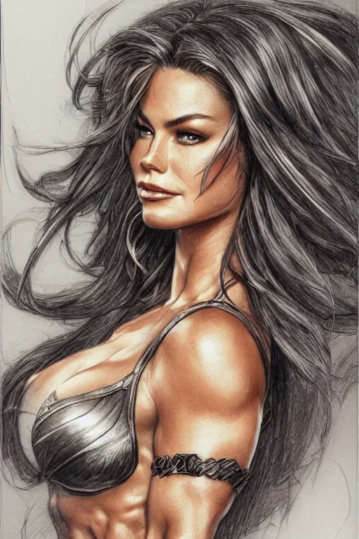 Prompt: a sketch of a muscled Sofía Vergara as a ruggedly handsome heroine, pencil drawing, pencil, drawing, intricate, elegant, highly detailed, centered, smooth, sharp focus, sketch by artgerm and donato giancola and Joseph Christian Leyendecker, Ross Tran, WLOP
