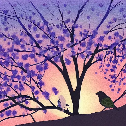 Image similar to birds on cherry tree, Changelingcore, serene, graceful, sunset photo at golden hour, Kodachrome, digital painting