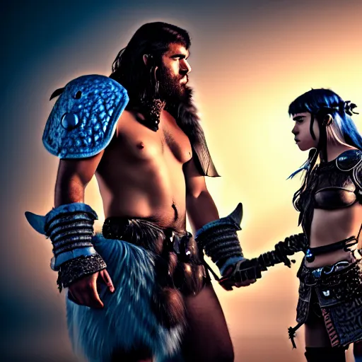 Image similar to a male DND barbarian wearing leather armor and fur holding a small blue-skinned Triton girl with black hair, high resolution film still, 4k, HDR colors, a dnd Triton girl with blue skin and messy black hair