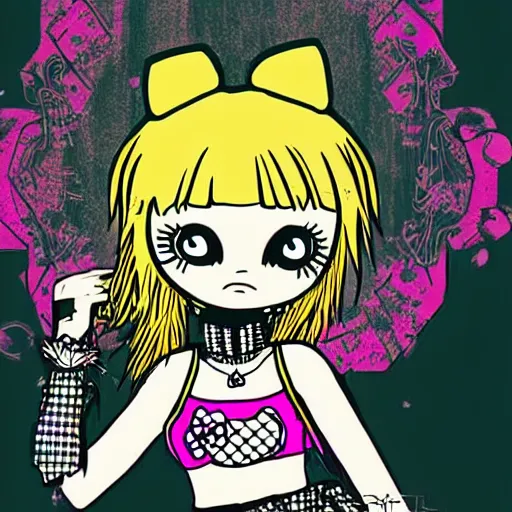 Prompt: punk little girl, profile picture, grunge fashion, reflection, cute artwork, hello kitty art style, gothic style, 8 k