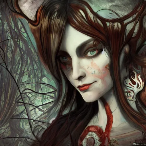 Image similar to realistic artnouveau style american mcgee's alice mysterious portrait madness returns layers of fear style in a foggy twisted forestsharp focus very detailed 8 k cinematic