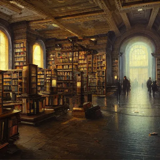 Prompt: liminal space, library, hyper realistic, detailed, oil on canvas, by Greg Rutkowski, Thomas Kinkade