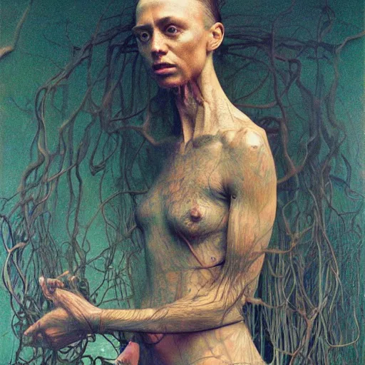 Image similar to a portrait by zdzisław beksinski, iris van herpen, raymond swanland and alphonse mucha. highly detailed, hyper - real, beautiful