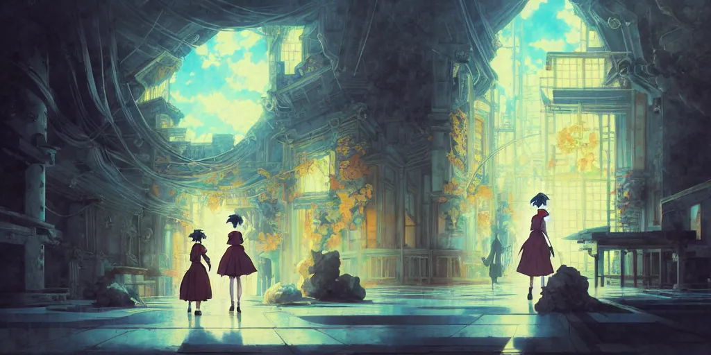 Image similar to baroque acrylic painting of key visual environment concept art, anime maid character sheet, concept design, brutalist fantasy, rule of thirds golden ratio, fake detail, trending pixiv fanbox, palette knife, style of makoto shinkai ghibli takashi takeuchi yoshiyuki sadamoto jamie wyeth james gilleard greg rutkowski chiho aoshima