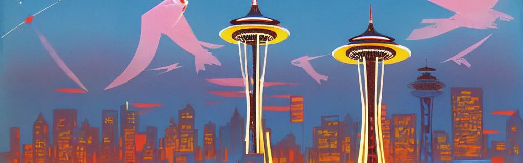 Image similar to angels over the seattle space needle, modernism, gouache, animated film, stylised, illustration, by eyvind earle, scott wills, genndy tartakovski, syd mead