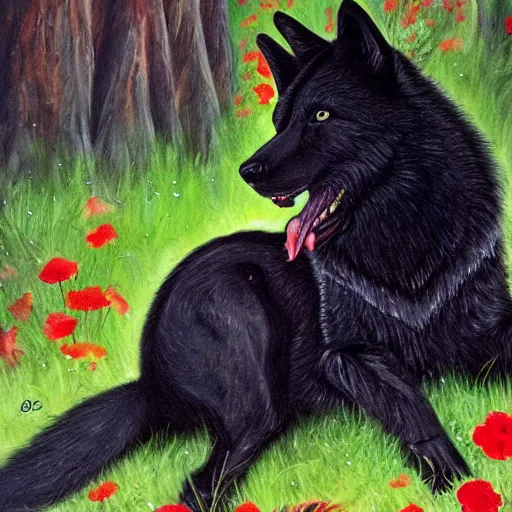 Image similar to a beautiful black wolf with red eyes curled around a small, fragile and cute white rabbit to protect it from the dangerous forest that is all around them, oil painting, award winning, 4k, high quality, high detail