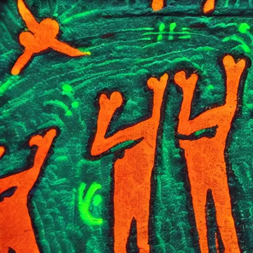 Prompt: fluo green cave painting of cross and ufos