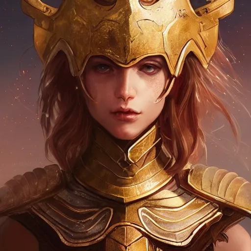 Image similar to portrait knights of Zodiac girl, golden and copper armor, in ruined Agora of Athens, ssci-fi, fantasy, intricate, very very beautiful, elegant, highly detailed, digital painting, artstation, concept art, smooth, sharp focus, illustration, art by artgerm and tian zi and WLOP