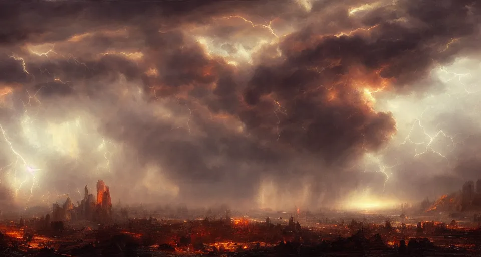 Prompt: eldritch, flying!!! city, windy, by eugene von guerard, ivan shishkin, night, red lightning, storm, dramatic lighting, concept art, trending on artstation, 8 k