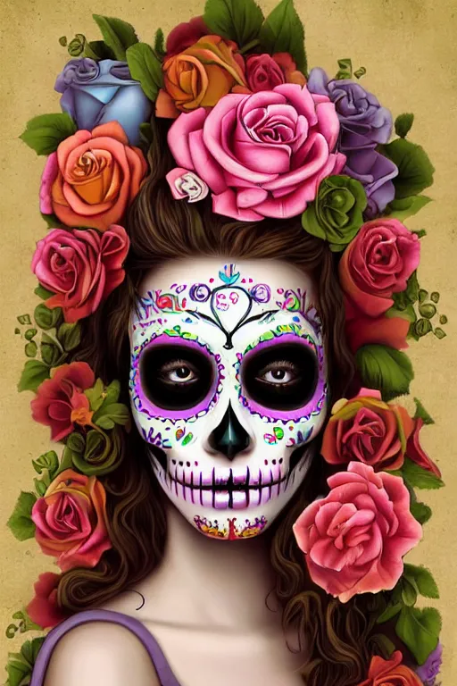 Prompt: illustration of a sugar skull day of the dead girl, art by natalie shau