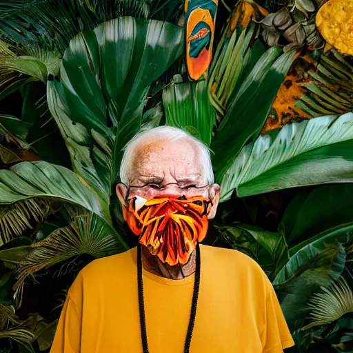 Prompt: an elderly man wearing a mask made from nachos, lush tropical jungle background, bold natural colors, national geographic photography, masterpiece, 8 k, raw, unedited, symmetrical balance