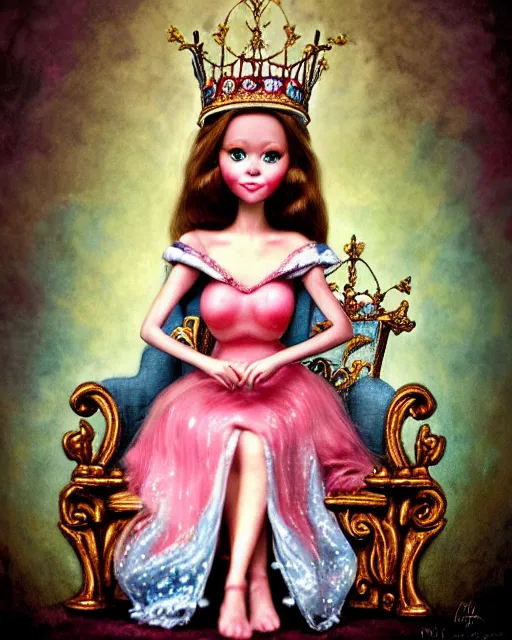 Image similar to closeup profile portrait of a tin toy fairytale princess wearing a crown and sitting on a throne, bikini, hyper realistic, artstation, illustration, concept art by nicoletta ceccoli, mark ryden, lostfish, dan decarlo, bob clampett, max fleischer, digital paint, matte paint, washed colors, dark, gloomy, detailed and intricate environment
